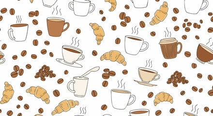Coffee cups croissants and coffee beans seamless pattern design.