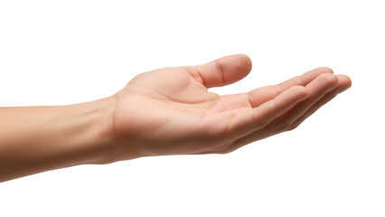 Open human hand PNG isolated on transparent background, offering or receiving gesture for product placement and design use
