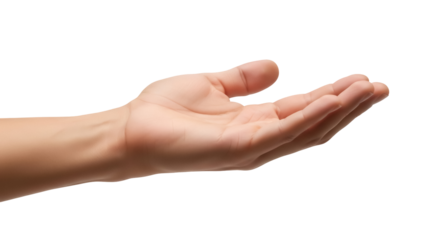 Open human hand PNG isolated on transparent background, offering or receiving gesture for product placement and design use