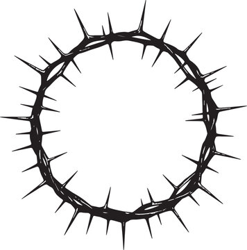 A detailed black and white of a crown of thorns with sharp spikes arranged in a circular shape religious symbol also transparent background