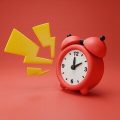 Red alarm clock ringing with yellow lightning bolts