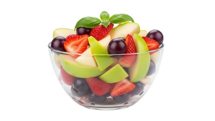 Fresh fruit salad in glass bowl isolated PNG, healthy dessert with strawberries, cherries, green...