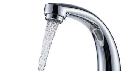 Chrome faucet with running water isolated PNG, modern tap fixture on transparent background for...