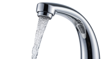 Chrome faucet with running water isolated PNG, modern tap fixture on transparent background for plumbing and bathroom design