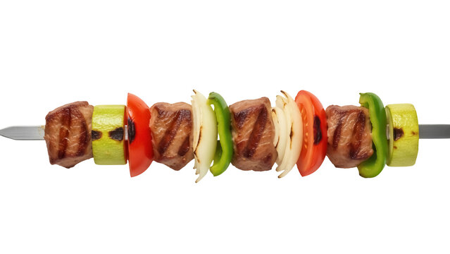 Grilled shish kebab with meat and vegetables isolated PNG, delicious barbecue skewer with zucchini, tomato, onion, and green pepper on transparent background