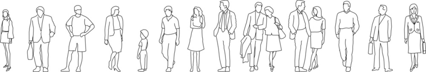 A comprehensive vector set of minimalist line drawings featuring men, women, couples, and children in various casual and professional postures.