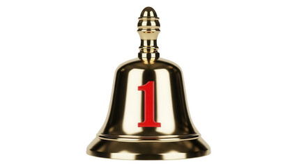 Golden school bell with red number one isolated PNG, shiny metal bell for first place or achievement on transparent background