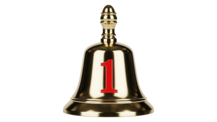 Golden school bell with red number one isolated PNG, shiny metal bell for first place or achievement on transparent background