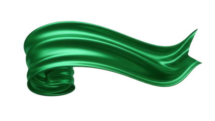 Emerald green silk ribbon isolated PNG on transparent background, flowing fabric banner for decoration and graphic design use