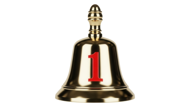 Golden school bell with red number one isolated PNG, shiny metal bell for first place or achievement on transparent background - Powered by Adobe