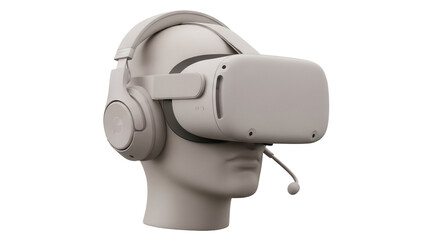 VR headset on mannequin head isolated PNG, virtual reality device for gaming and metaverse on transparent background