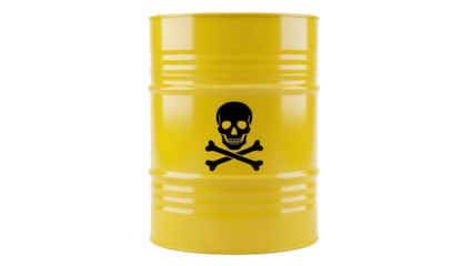 Yellow barrel with skull and crossbones isolated PNG, toxic waste container for hazardous materials and environmental safety