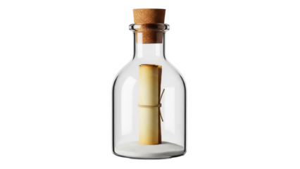 Message in a bottle PNG isolated on transparent background, rolled parchment paper with cork stopper for nautical themes