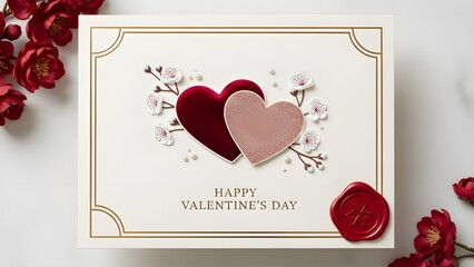 Premium Valentines greeting design featuring elegant roses hearts soft romantic lighting luxurious composition sophisticated copy space floral details festive love celebration high-quality aesthetics