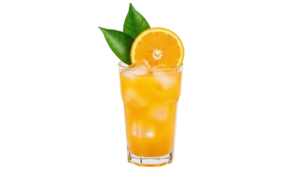 Refreshing orange juice with ice cubes and orange slice isolated PNG, summer drink on transparent background for beverage concepts