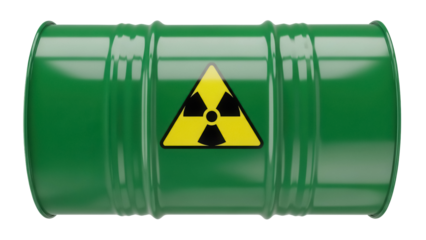 Green barrel with radioactive symbol isolated PNG, hazardous waste container on transparent background, nuclear material storage and disposal
