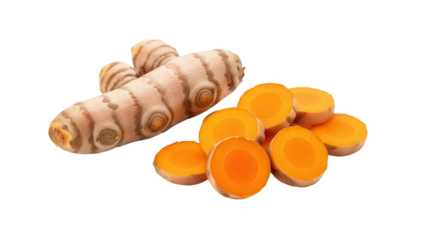 Fresh turmeric root and slices isolated PNG, vibrant orange spice for healthy cooking and natural remedies on transparent background