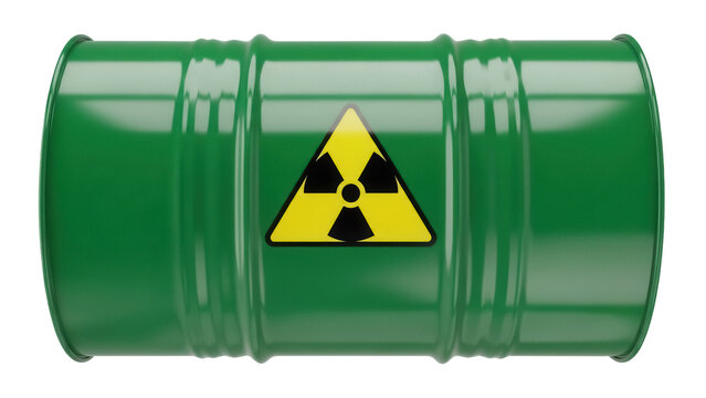 Green barrel with radioactive symbol isolated PNG, hazardous waste container on transparent background, nuclear material storage and disposal