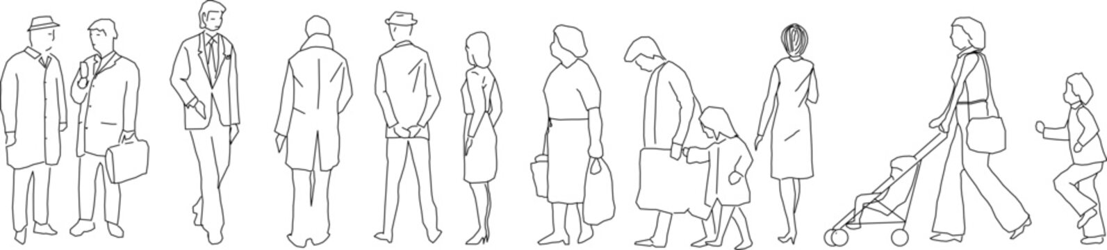 A collection of thin line vector drawings featuring diverse people, families, and professionals for architectural sections and scale reference.