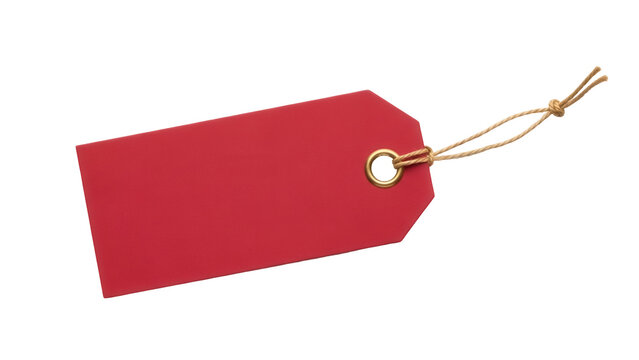 Red paper tag with string isolated on transparent background, blank price label for retail and product identification PNG