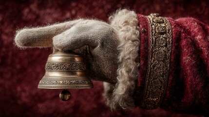 Close-up of santa claus's hand wearing a red glove and holding a golden bell