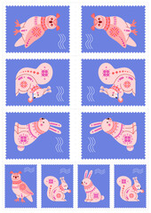 A4, A3 sheets of decorative postage stamps in consistent style with Scandinavian folk motifs of forest animals: owls, hares, squirrels, snowflakes, printable ornaments. Vector gift wrapping.