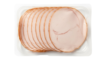 Sliced turkey breast in plastic container isolated PNG, deli meat for sandwiches and charcuterie boards on transparent background