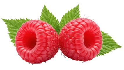 Two ripe raspberries with green leaves isolated PNG on transparent background, fresh red berries...