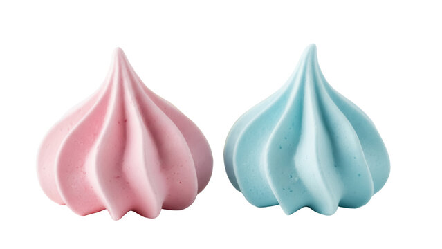Two meringue cookies isolated PNG, one pink and one blue, on transparent background, sweet dessert for bakery and confectionery use