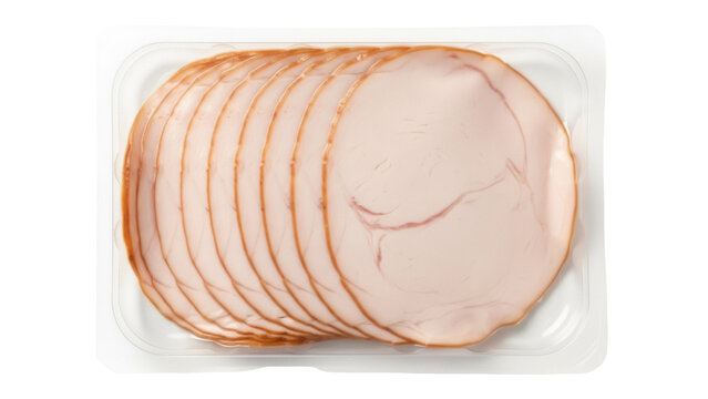 Sliced turkey breast in plastic container isolated PNG, deli meat for sandwiches and charcuterie boards on transparent background