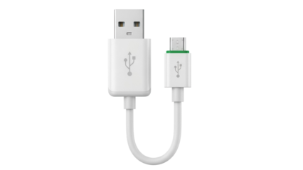 White USB cable isolated PNG on transparent background, data transfer cord for charging mobile devices and connecting peripherals