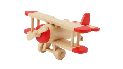 Wooden toy airplane with red accents isolated PNG, vintage biplane model for kids room decor and educational play © Elena