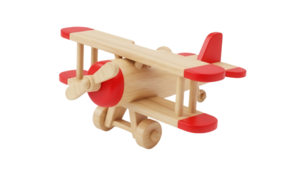 Wooden toy airplane with red accents isolated PNG, vintage biplane model for kids room decor and educational play