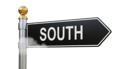 Black directional sign pointing south isolated PNG, wayfinding arrow for navigation and travel on transparent background