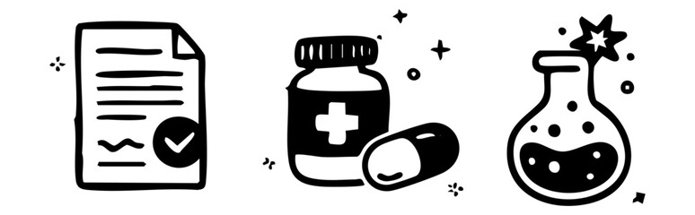 Minimalist Black and White Doodle Icon Set for Pharmacy Medicine Chemical Research and Healthcare