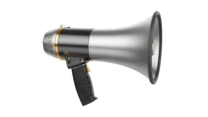 Silver and black megaphone PNG isolated on transparent background, public address system for announcements and communication