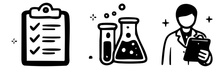 Minimalist Black and White Doodle Icon Set for Science Research Laboratory Testing and Medical Analysis