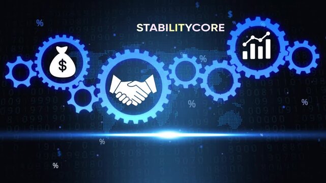 Stabilitycore Business Finance Concept with Gears, Money, Partnership, and Growth Charts on Dark Background with Binary Code