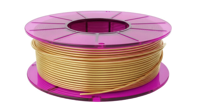 Golden 3D printer filament on a pink spool isolated PNG, thermoplastic material for additive manufacturing and rapid prototyping