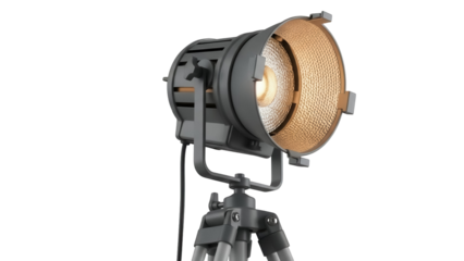 Studio Fresnel light isolated PNG on transparent background, professional lighting equipment for film and photography, stage spotlight