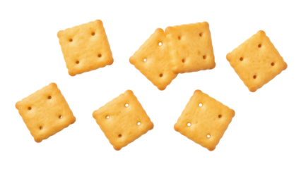 Golden square crackers isolated PNG on transparent background, crispy baked snack for appetizers and party food