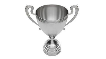 Elegant silver trophy cup isolated PNG, shiny metal award for sports competition and achievement on transparent background
