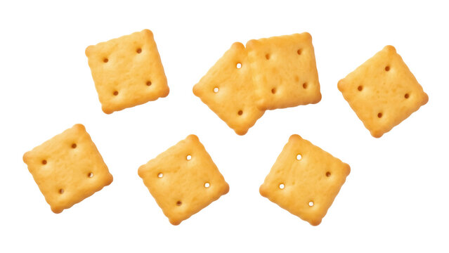 Golden square crackers isolated PNG on transparent background, crispy baked snack for appetizers and party food