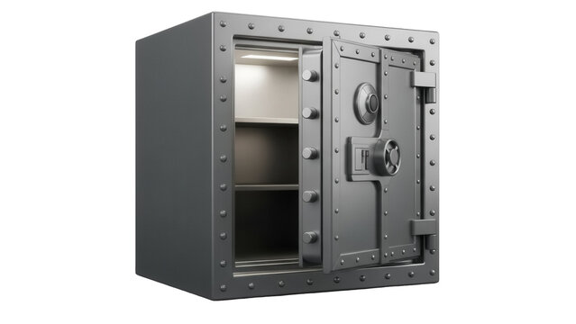 Open metal safe with shelves isolated PNG on transparent background, strongbox for money and valuables storage, security equipment