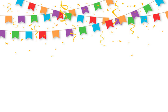 Carnival garland with colorful flags, golden confetti and ribbons falling on transparent background. Celebration event and birthday party elements. Surprise. Vector illustration.