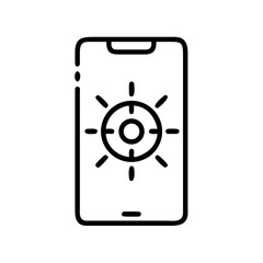 Fototapeta premium Outline icon of smartphone with sun symbol, representing focus mode or brightness setting, for user interface design and mobile application. Vector icon for website, app, poster