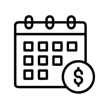 Outline icon of a calendar with a dollar sign for subscription manager. Financial planning and scheduling concept. Vector symbol