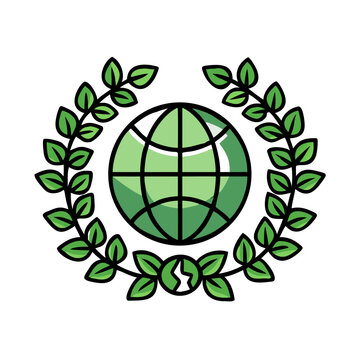 Earth globe icon with green leaf wreath. Eco friendly nature care and environment protection concept, for website design. Vector flat art