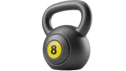 Black kettlebell with yellow number 8 isolated PNG, fitness equipment for strength training and weightlifting on transparent background