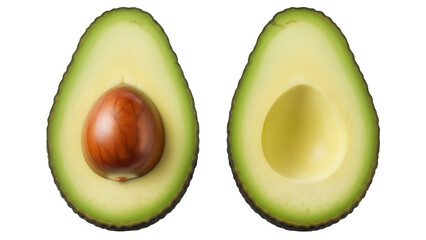 Two avocado halves, one with pit, isolated PNG on transparent background, fresh green fruit for healthy eating and vegan recipes